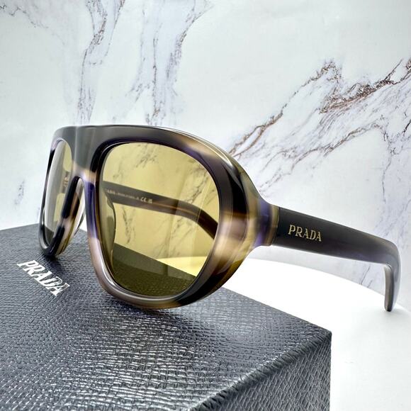 New PRADA Sunglasses Brown Striped Laguna Aviator Shield Mask New - Picture 1 of 16